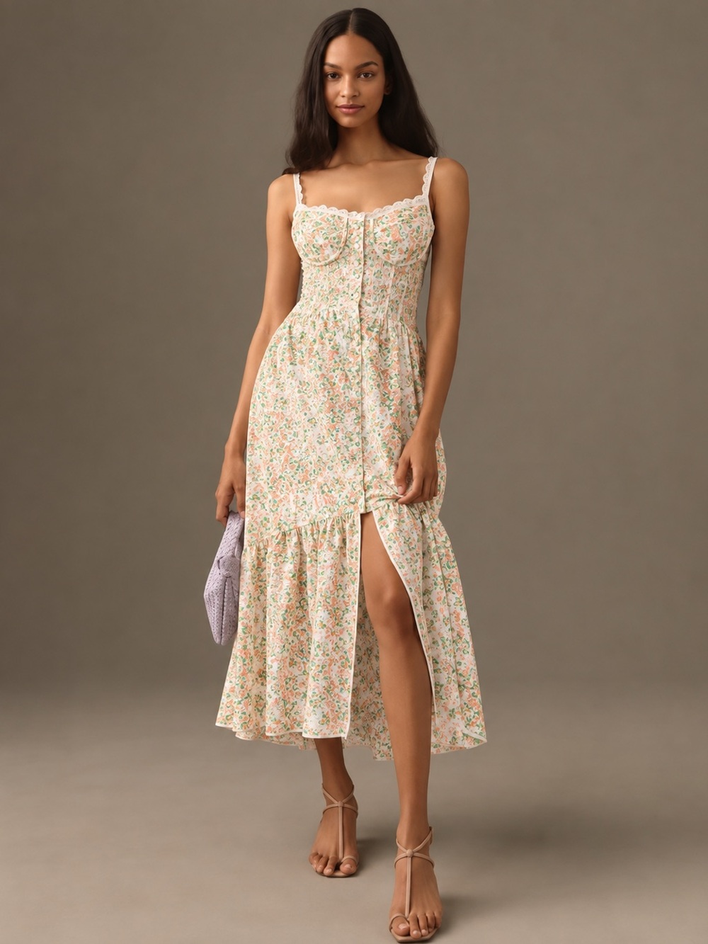 ASTR The Label | NWOT Yamila Lace Trim Midi Dress in Peachy Green, Size Small